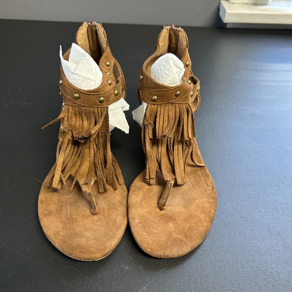 Women's Size 8 Fringed Sandals Zip Back Cowgirl Bohemian Brown Casual Wedge